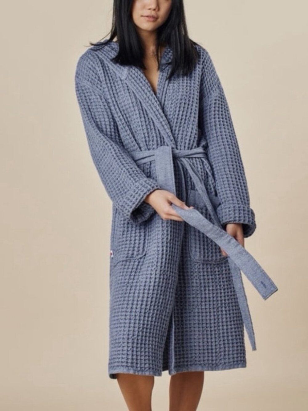 Onsen Blue Spa Robe Waffle Weave Supima Cotton Hooded Medium
